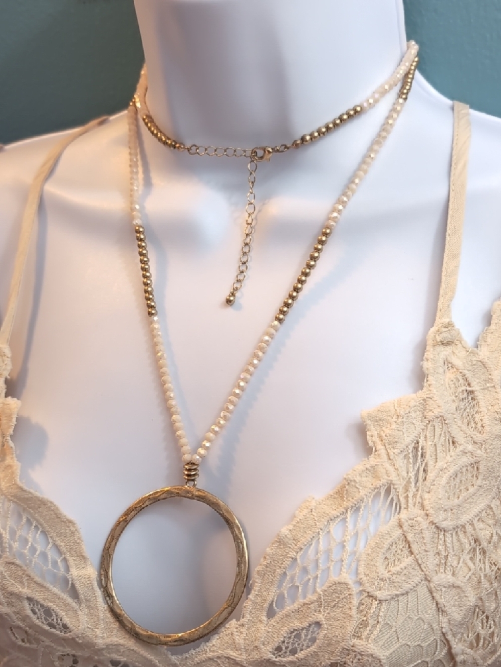 Layered Gold and Cream Beaded Necklace with Hammered Circle Pendant